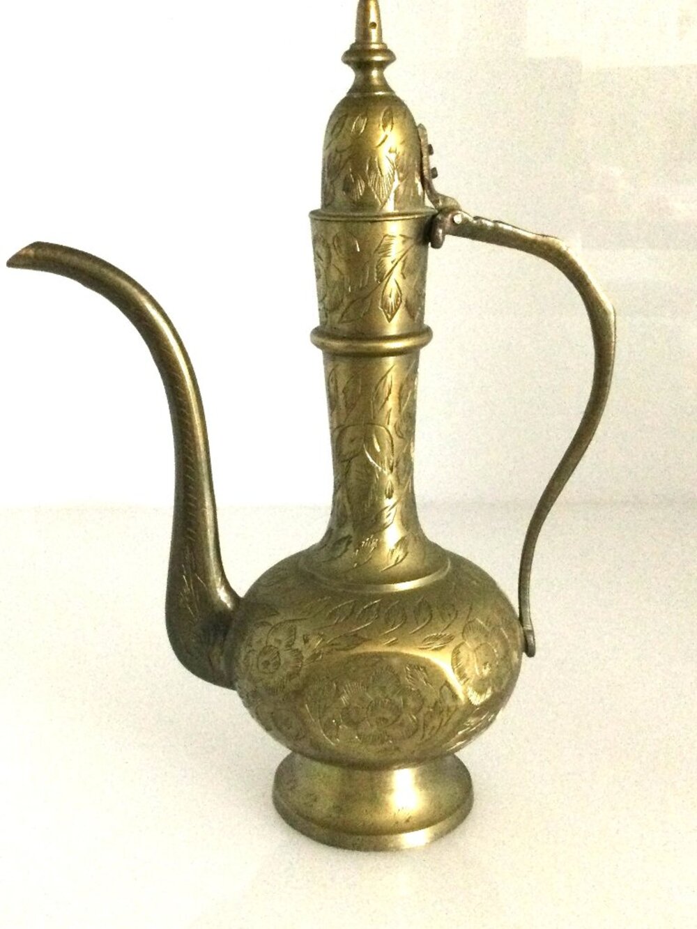 Vintage Etched Brass Turkish Lidded Pitcher 9" tall by 7" wide
